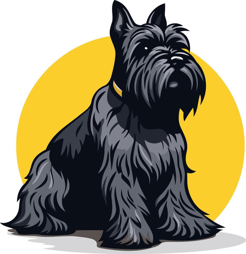 A friendly, cartoon-style illustration of a black miniature schnauzer sitting on a yellow circle, perfect for pet-related businesses, websites, and social media vector