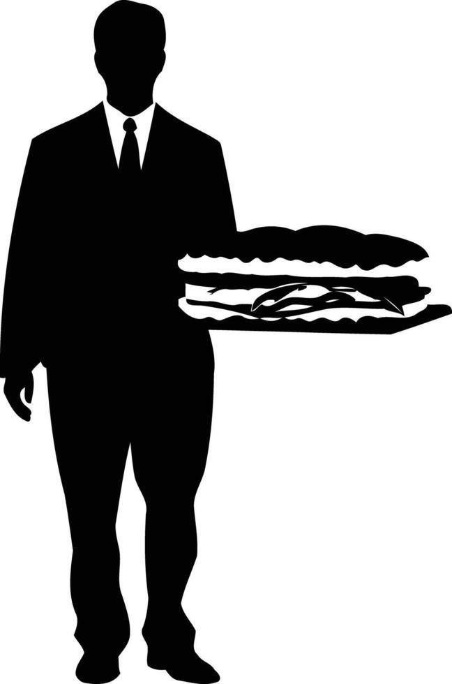 Silhouette of a waiter holding a large tray with a sandwich vector