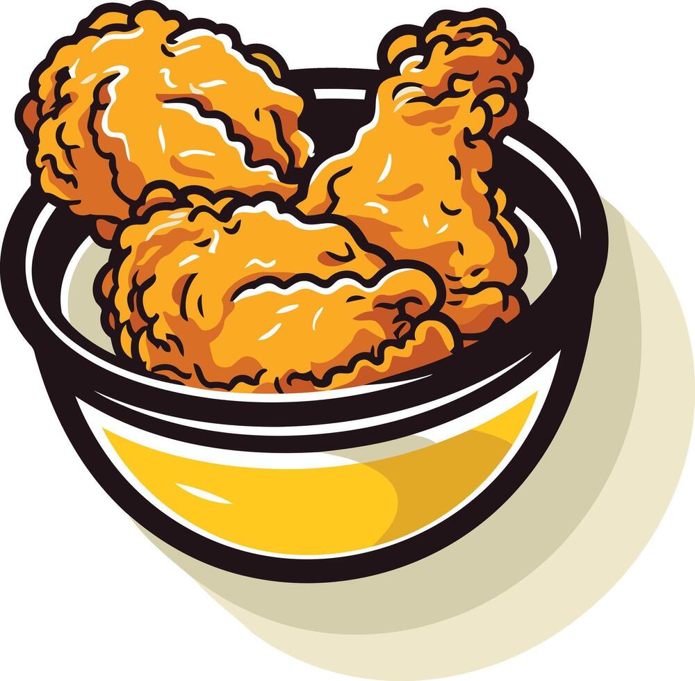 A cartoon illustration of three crispy fried chicken drumsticks in a yellow bowl, perfect for menus, food blogs, or social media posts vector