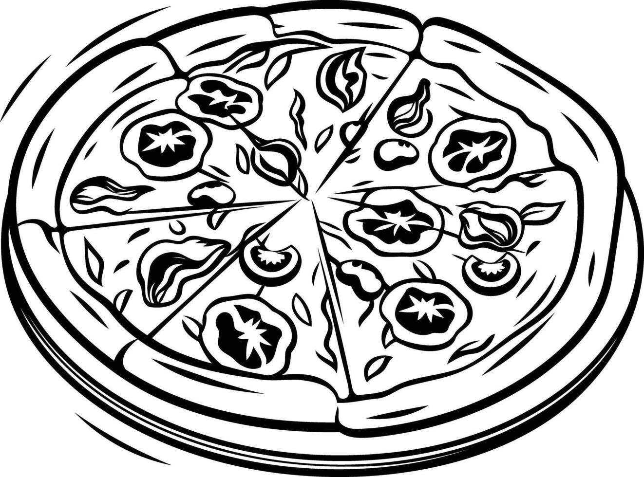 A delicious-looking pizza in a black and white line art style vector