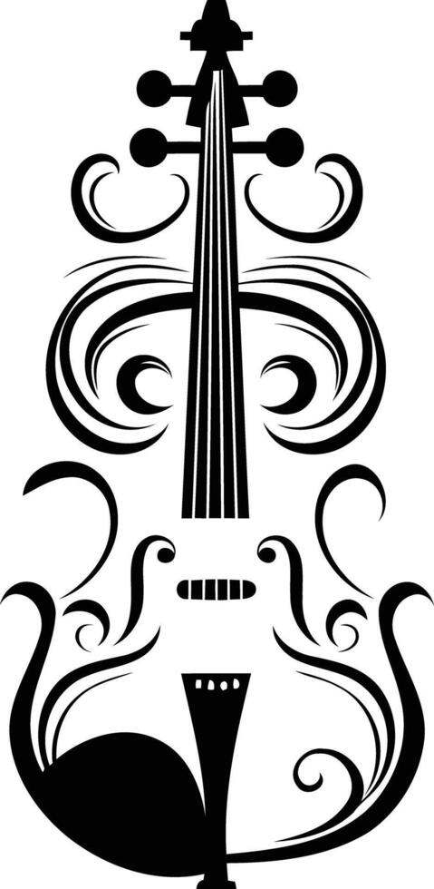 A stylized black and white violin with ornate flourishes, perfect for musical projects, posters, and logos vector