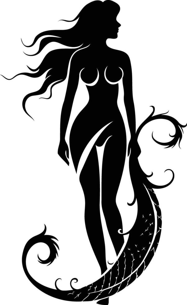 Elegant black silhouette of a woman with flowing hair and a floral tail, perfect for designs with nature, beauty, and femininity themes vector