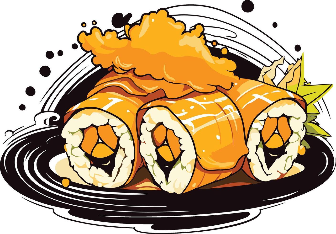 A vibrant illustration of three salmon sushi rolls with a modern, artistic style vector