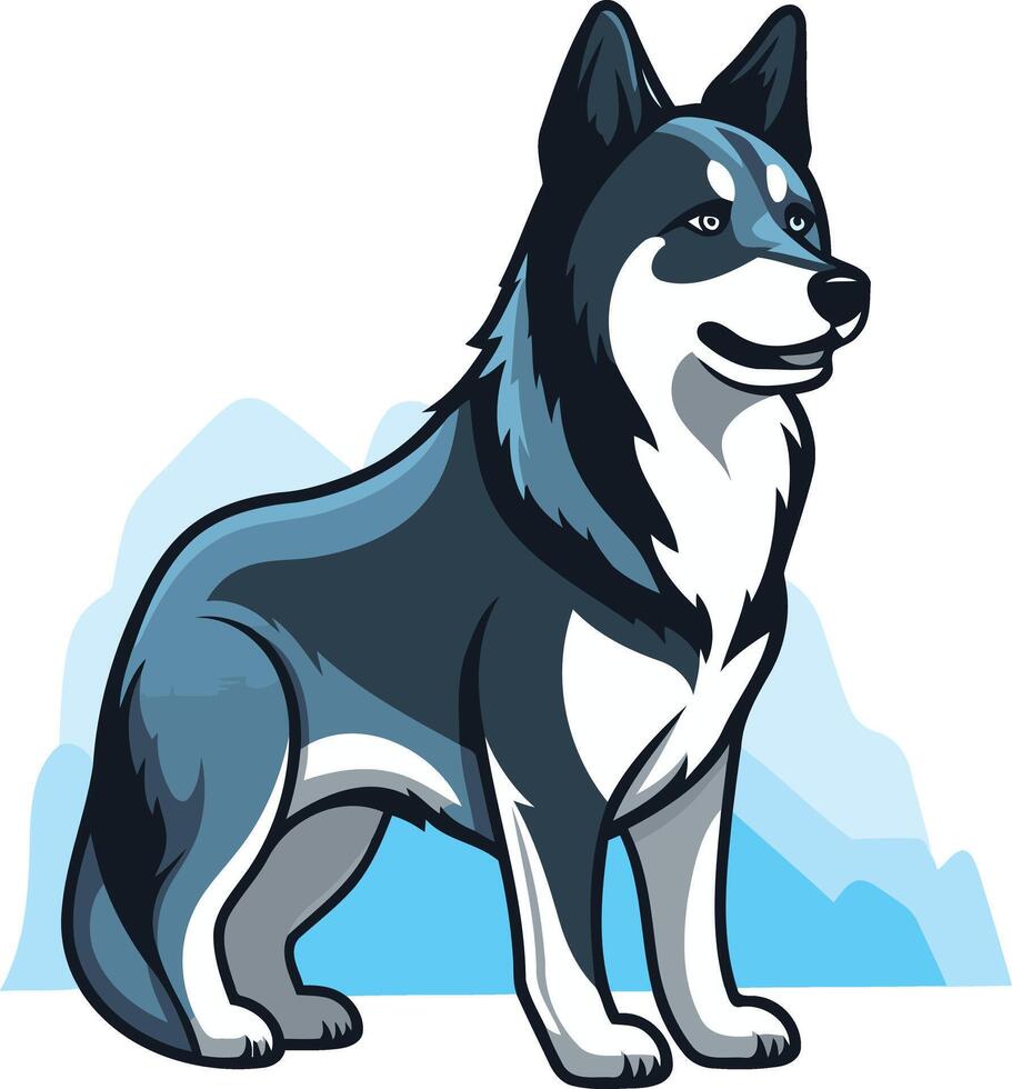 A friendly, cartoon-style siberian husky with blue eyes, standing proudly against a snowy backdrop vector
