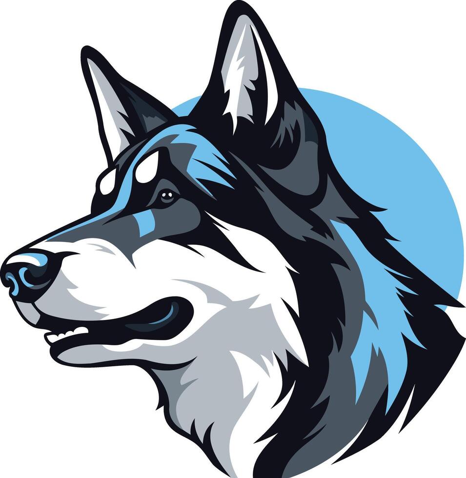 A stylized illustration of a wolf or husky dog's head, rendered in a cartoon style with bold lines and vibrant colors vector