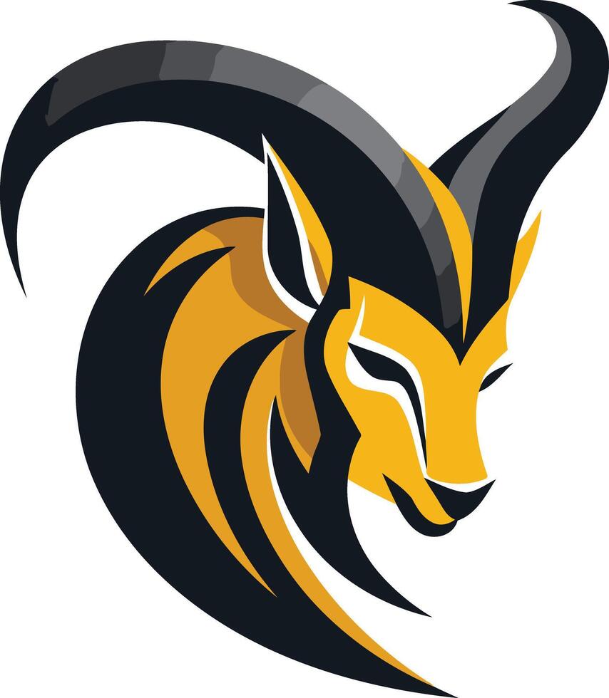 This is a stylized logo design featuring a golden colored mountain goat head, with black horns and stylized, flowing lines in its mane vector