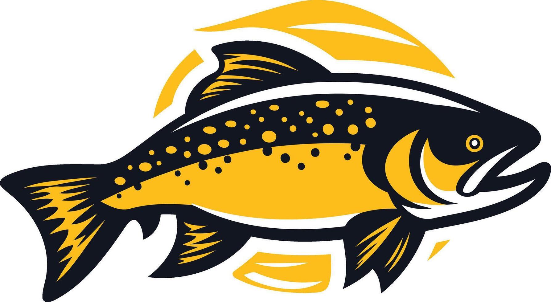 A stylized illustration of a trout fish in a yellow and black color scheme, with a circular design of stylized leaves in the background vector