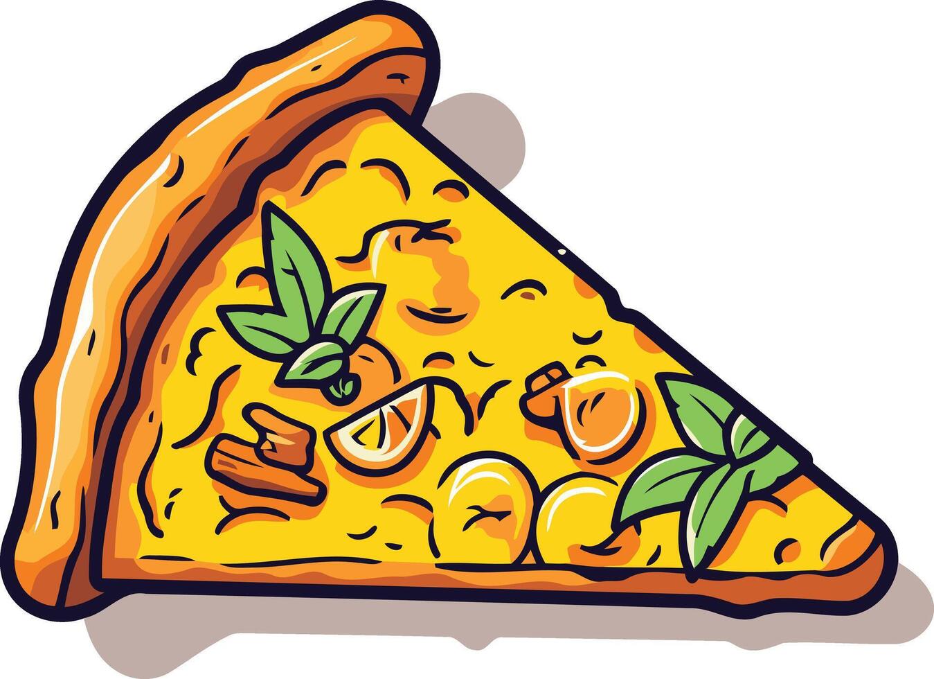 A cartoon illustration of a slice of pizza with various toppings vector