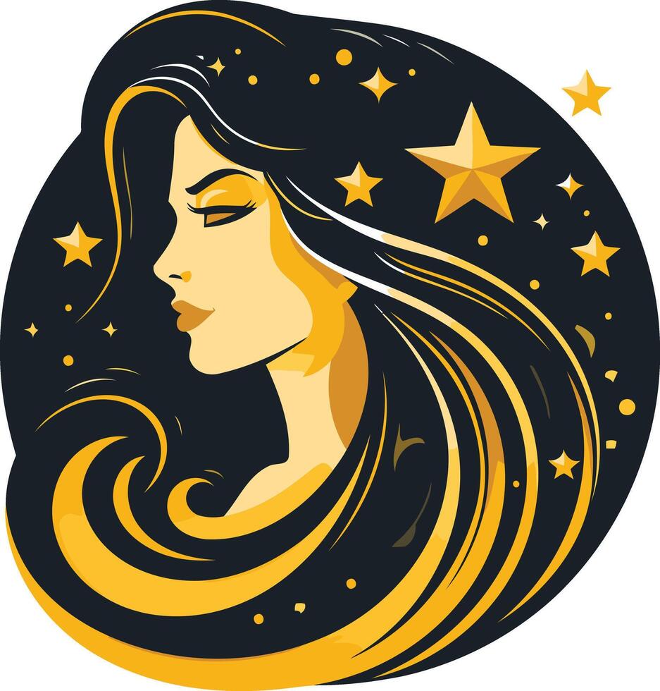 Elegant and mysterious, this logo features a beautiful woman with flowing hair against a starry backdrop vector