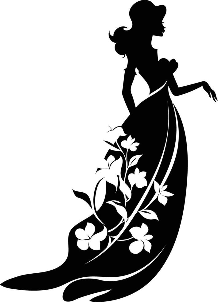 Elegant silhouette of a woman in a flowing gown, adorned with delicate floral details vector
