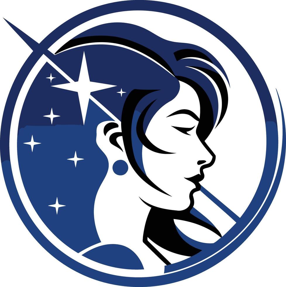 Modern and stylish logo design featuring a woman's profile with a star and shooting star, perfect for businesses in beauty, fashion, and wellness vector