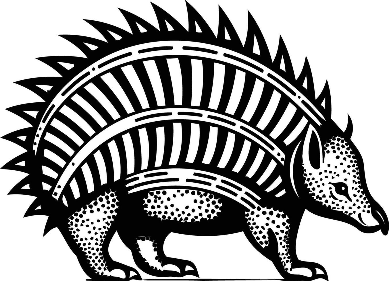 Black and white illustration of an armadillo in a detailed line art style vector