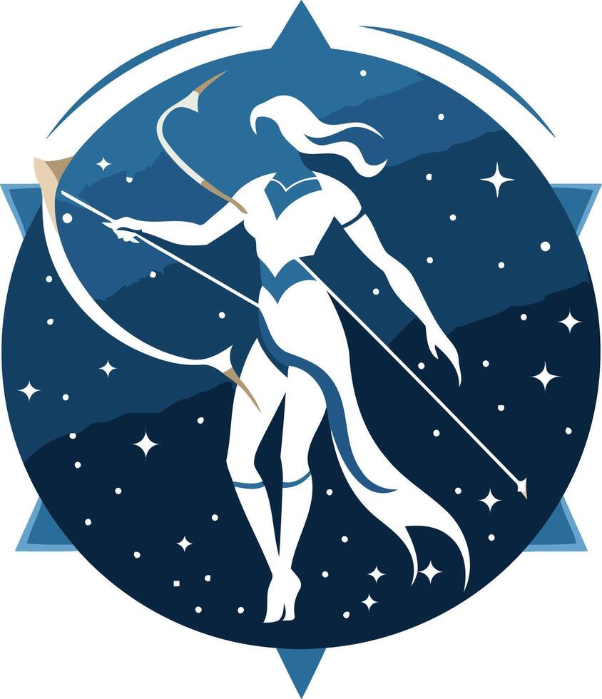 A celestial woman with a bow and arrow stands in a starry night sky, surrounded by a star-shaped frame vector