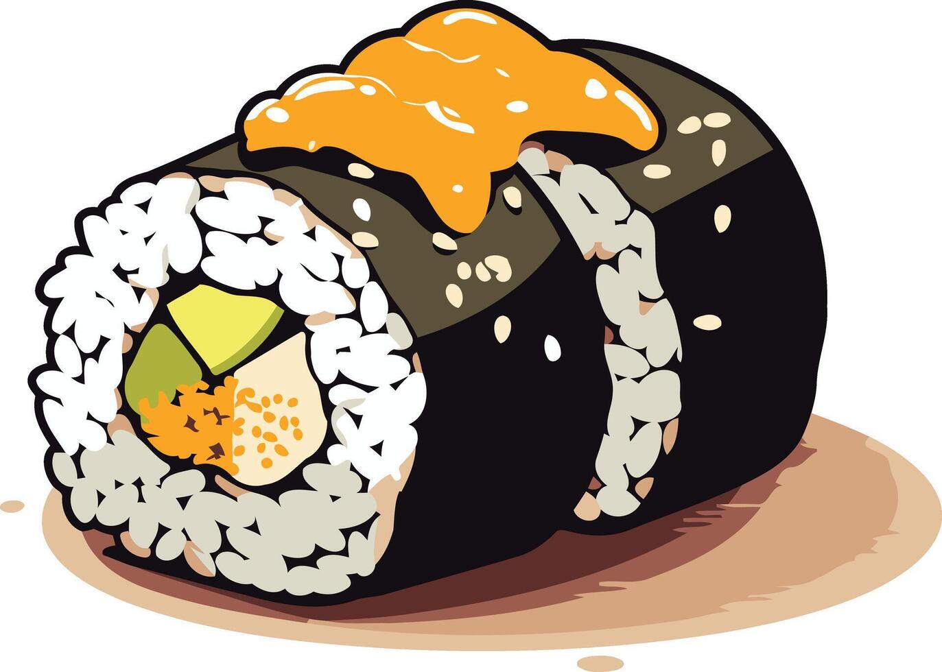 A colorful and playful illustration of a sushi roll with avocado and fish, topped with a dollop of orange sauce and sesame seeds vector