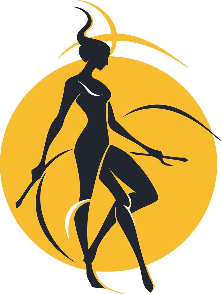 Elegant silhouette of a woman with horns, holding staffs, against a yellow circle with abstract lines vector