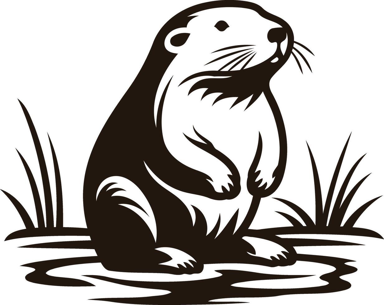 A bold, black and white illustration of a beaver standing in water, perfect for nature-themed logos, branding, or merchandise vector