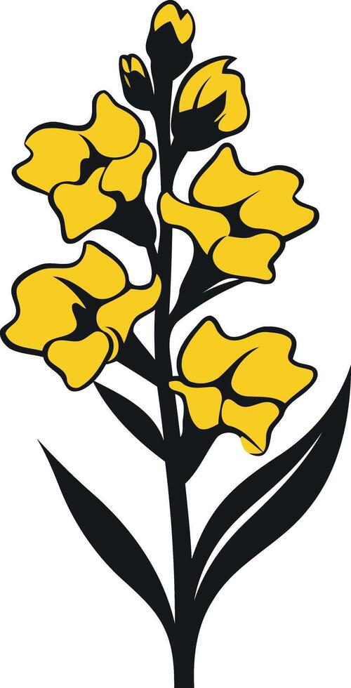 Simple, elegant illustration of a stylized yellow flower with black stem and leaves vector