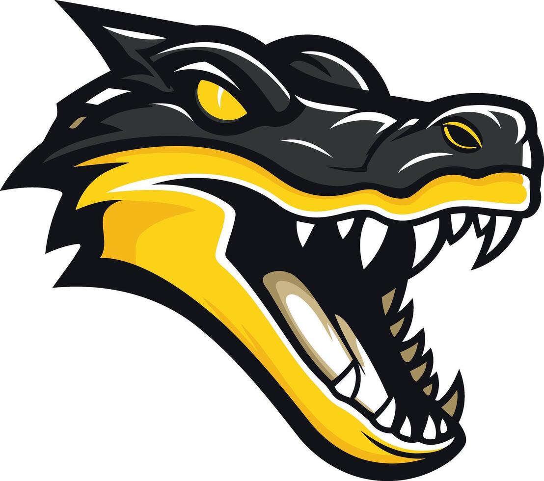 A fierce and aggressive alligator head mascot design in black and yellow vector