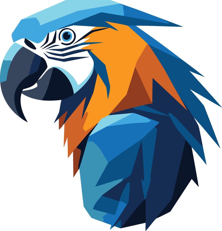 Geometric parrot head illustration in blue and orange tones vector