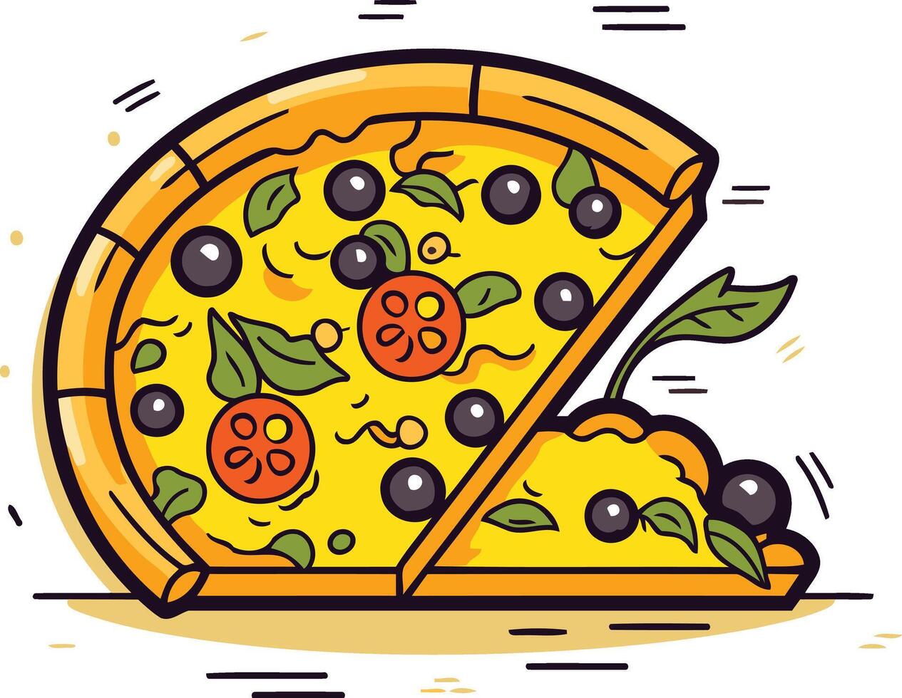 A cheerful and inviting illustration of a delicious pizza with a slice missing vector