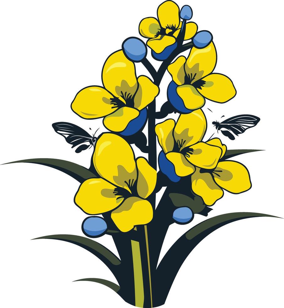 A vibrant yellow flower with blue accents blooms against a white background, surrounded by two graceful butterflies vector