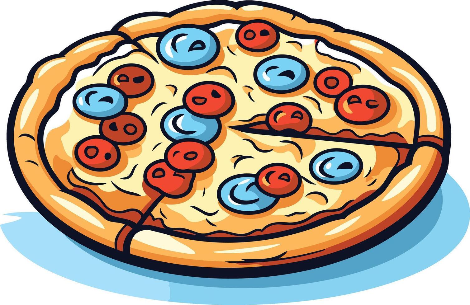 A cheerful cartoon pizza with red and blue toppings, perfect for menu design, food blogs, or social media vector