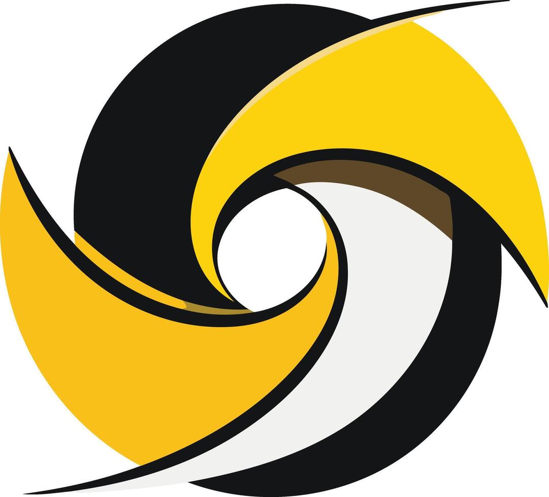 Abstract logo design featuring a black, yellow and white circular shape with a dynamic, swirling pattern vector