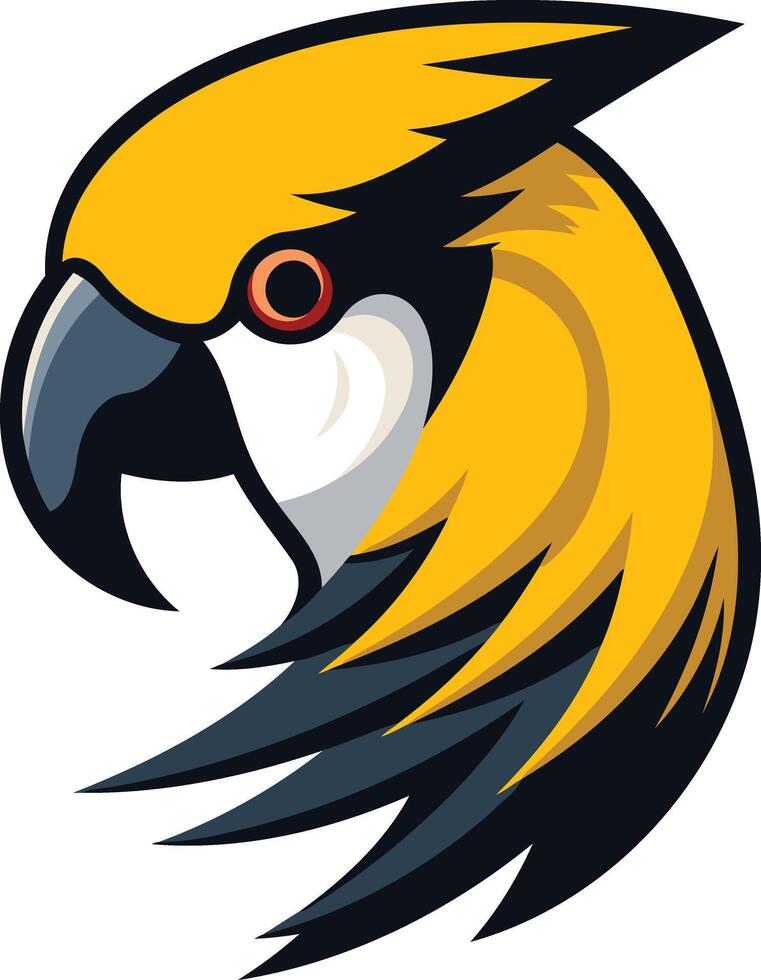 A bold, cartoon style parrot head logo design in yellow, black, and white, perfect for a business or brand seeking a fun and energetic image vector