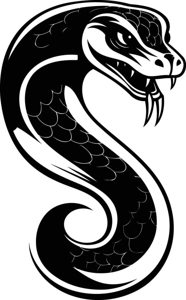 A fierce black and white illustration of a cobra with scales, fangs, and a menacing expression vector