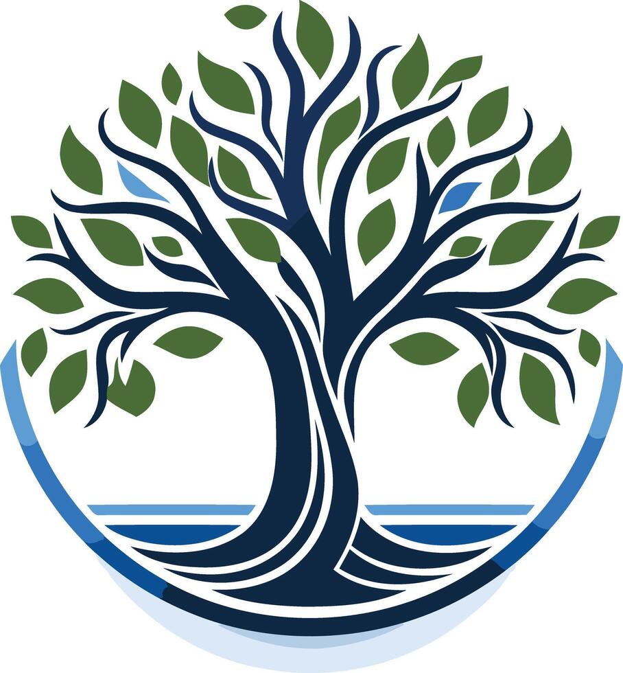 A stylized tree with roots in blue water, symbolizing growth, life, and connection to nature vector