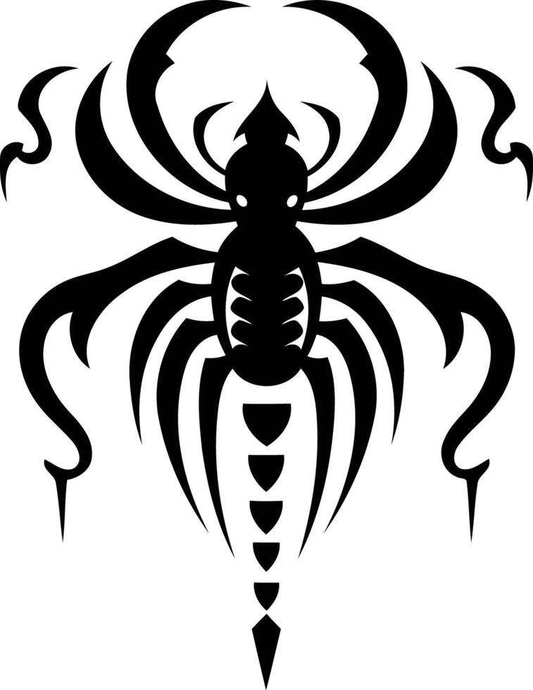 A bold and intricate tribal tattoo design featuring a stylized scorpion vector