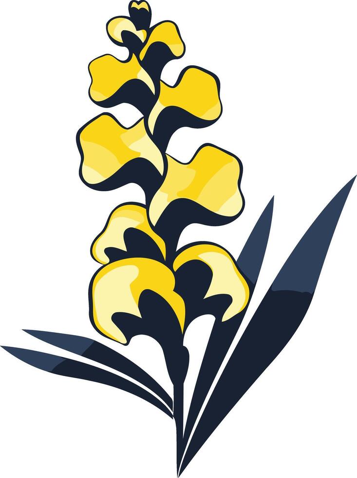 A vibrant yellow snapdragon flower with dark blue leaves, perfect for branding, website design, and social media vector