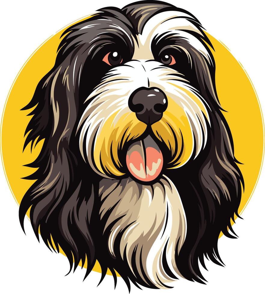 Adorable cartoon portrait of a friendly, black and white bearded collie dog with a big smile vector