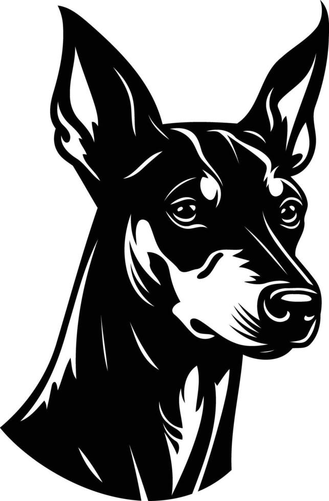 A bold black and white illustration of a doberman pinscher head, perfect for logos, tattoos, and branding vector