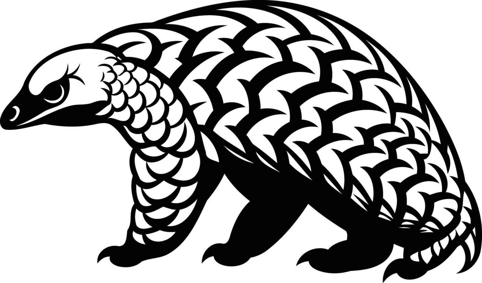 A bold black and white illustration of a pangolin, showcasing its unique scaly armor vector