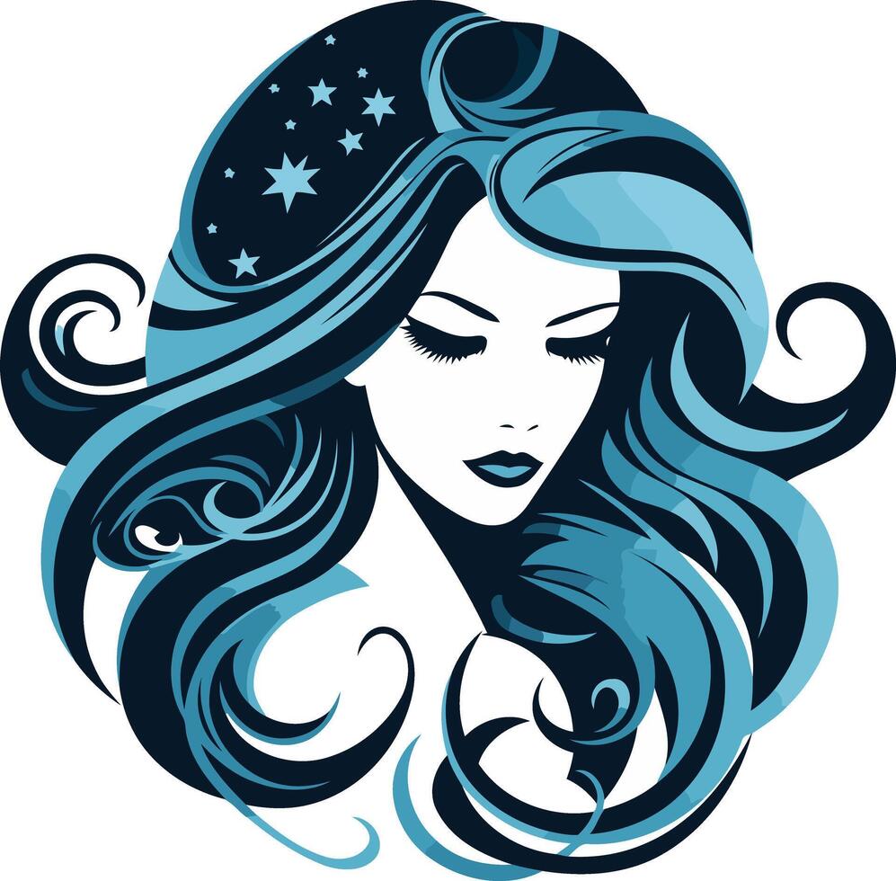 A beautiful, stylized portrait of a woman with flowing hair and stars, perfect for branding, beauty, and fashion projects vector