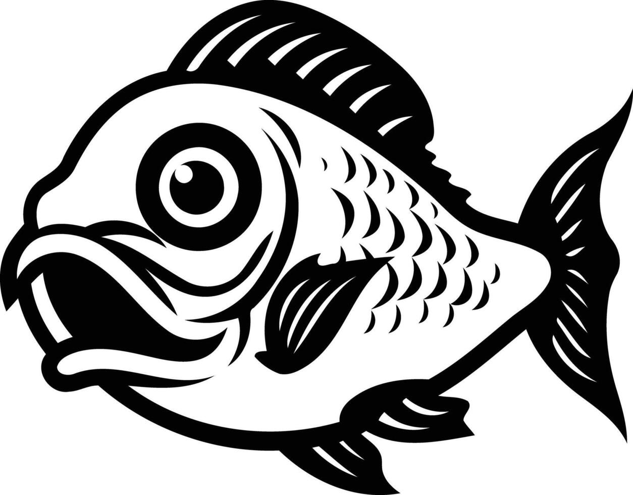 Black and white cartoon fish with a big eye and open mouth, perfect for logo designs, fishing labels, or other aquatic themed projects vector