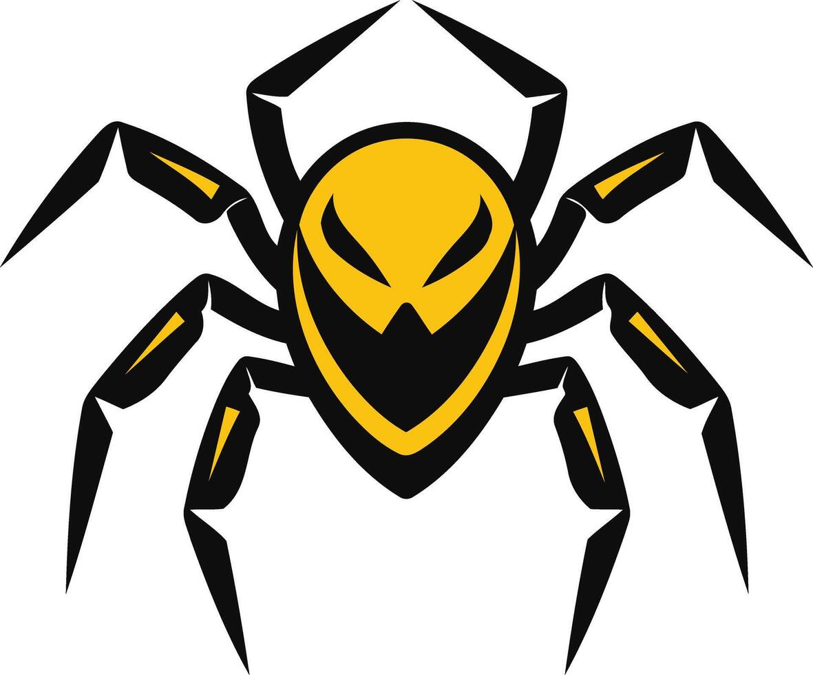 A menacing spider logo with a sinister grin and bold black and yellow colors vector