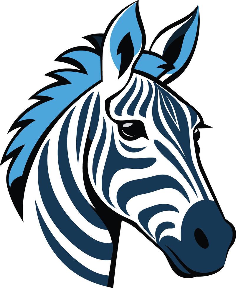 A bold and striking illustration of a zebra's head with a blue mane, perfect for logos, branding, and animal-themed designs vector