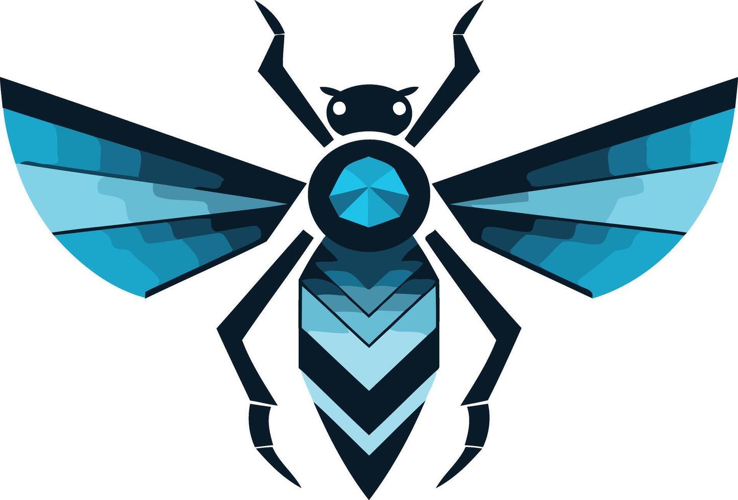 Modern, abstract, and geometric logo design featuring a stylized blue insect with sharp, angular lines and a vibrant jewel-like center vector