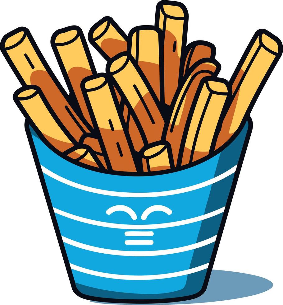 A cute cartoon illustration of a blue striped paper cup filled with golden french fries vector