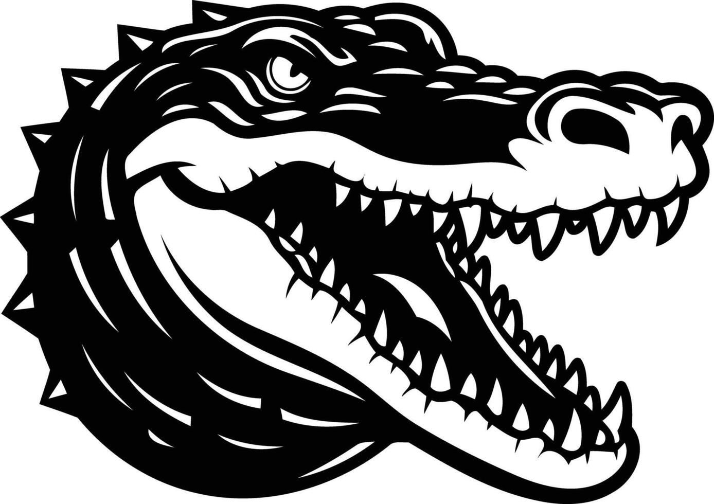A fierce and detailed black and white illustration of a crocodile's head, showcasing its sharp teeth and menacing expression vector