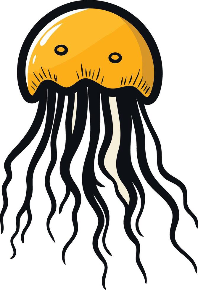 Cute cartoon jellyfish with a yellow bell and black tentacles vector