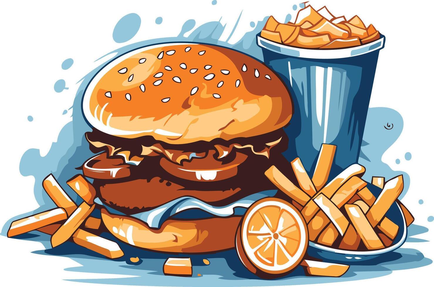 A mouthwatering illustration of a classic burger, fries, and a soda, perfect for fast food branding, menus, or social media posts vector