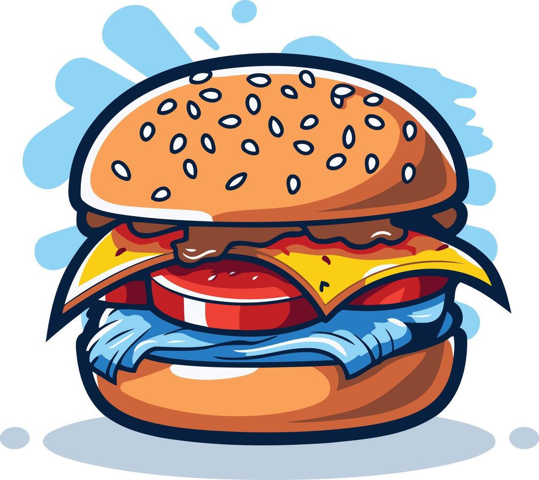 A colorful, cartoon-style burger with cheese, tomato, lettuce, and sauce vector