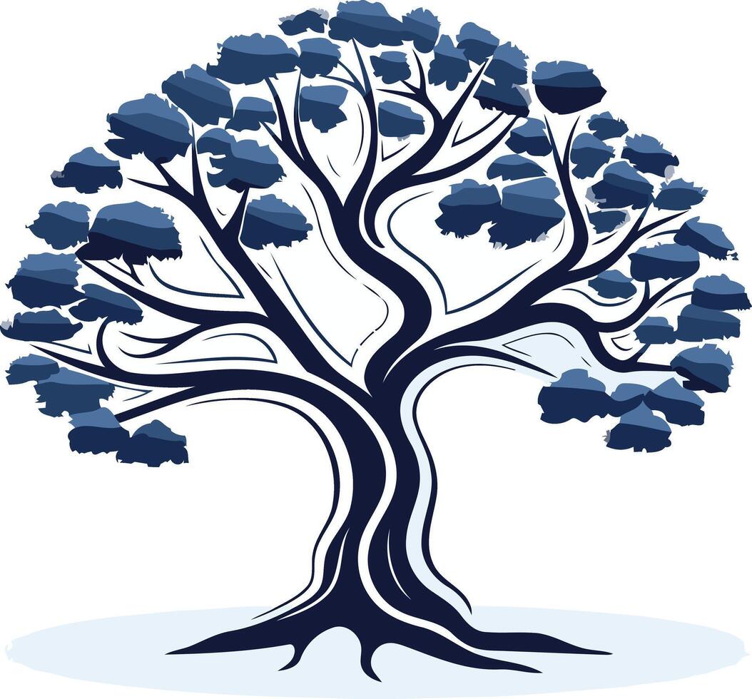 A stylized blue tree with intricate branches and roots, symbolizing growth, strength, and connection vector