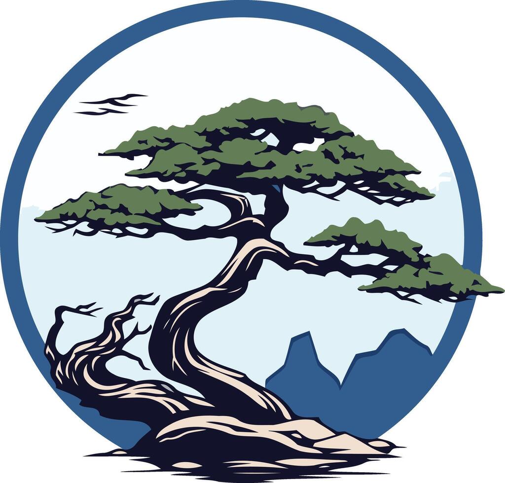 A stylized bonsai tree in a circular frame with mountains and birds in the background vector