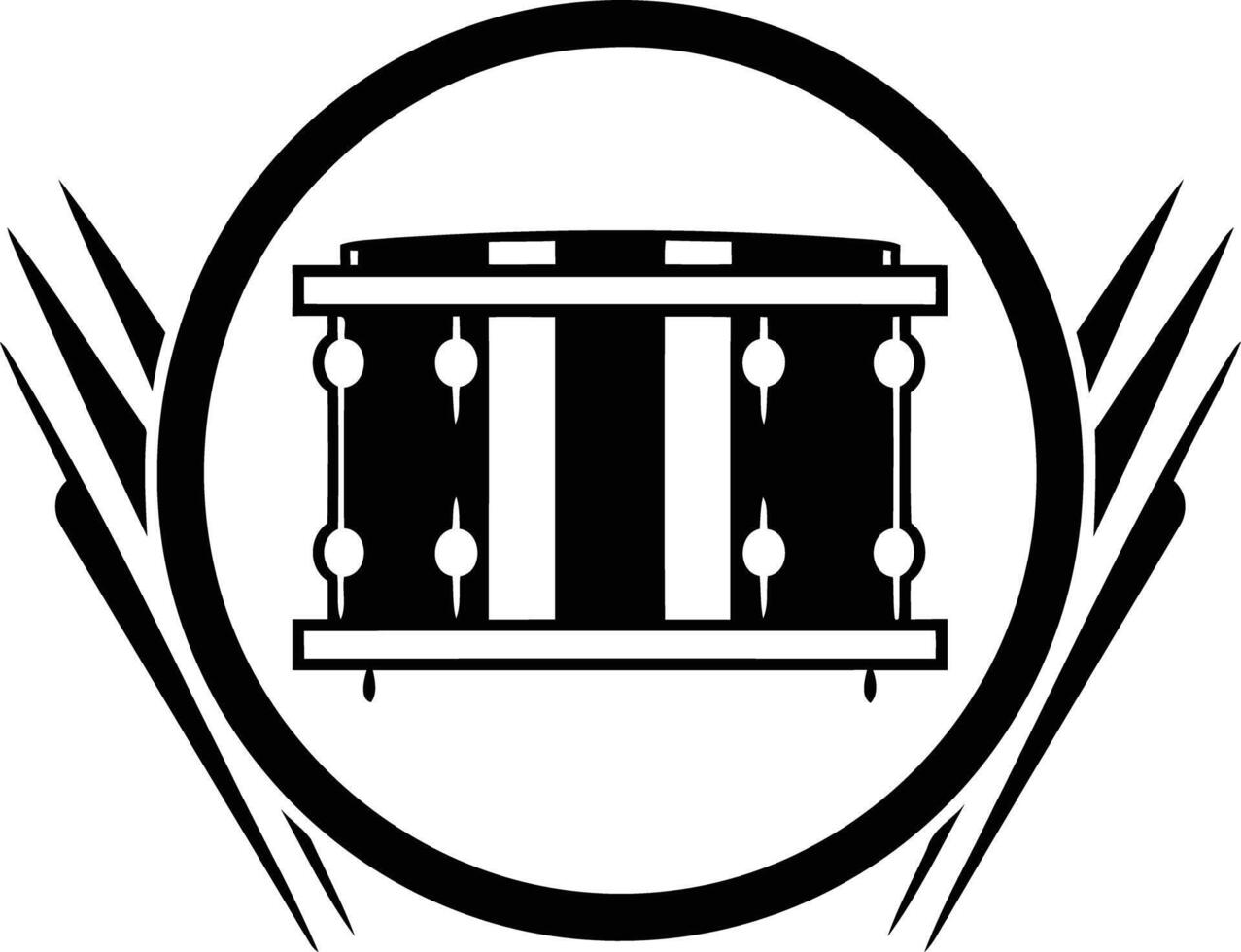 A bold black and white logo featuring a snare drum within a circle, accented with dynamic lines vector
