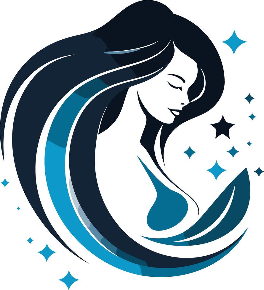 Elegant and stylish logo design featuring a woman's profile with flowing hair and stars vector