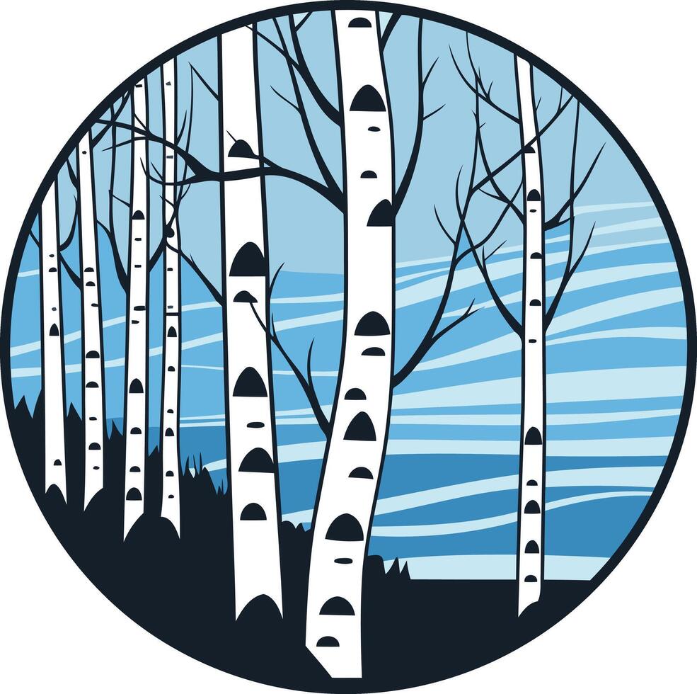 A stylized illustration of birch trees silhouetted against a blue sky, forming a circular design vector
